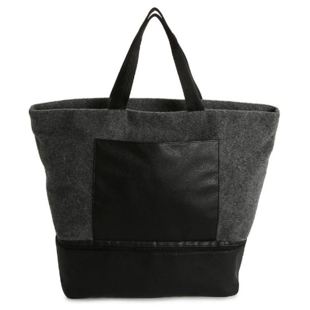 DSW Grey Wool Felt Maxi Tote Shoe Compartment Faux Leather Outside Pocket ZipTop - Picture 6 of 9